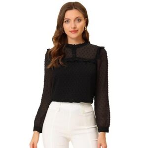 Allegra K Black Swiss Dot Ruffle Yoke Long Sleeve Blouse